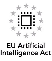 Symbole d'un microprocesseur entouré de douze étoiles, représentant le texte « EU Artificial Intelligence Act » en dessous.