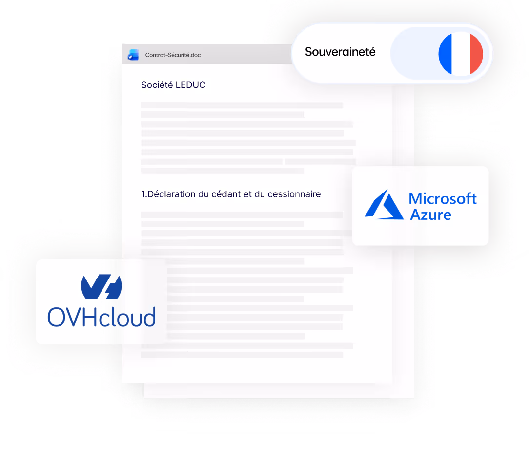 Document Word intitulé Contrat-Sécurité avec logos OVHcloud et Microsoft Azure, et une étiquette indiquant Souveraineté avec un drapeau français.