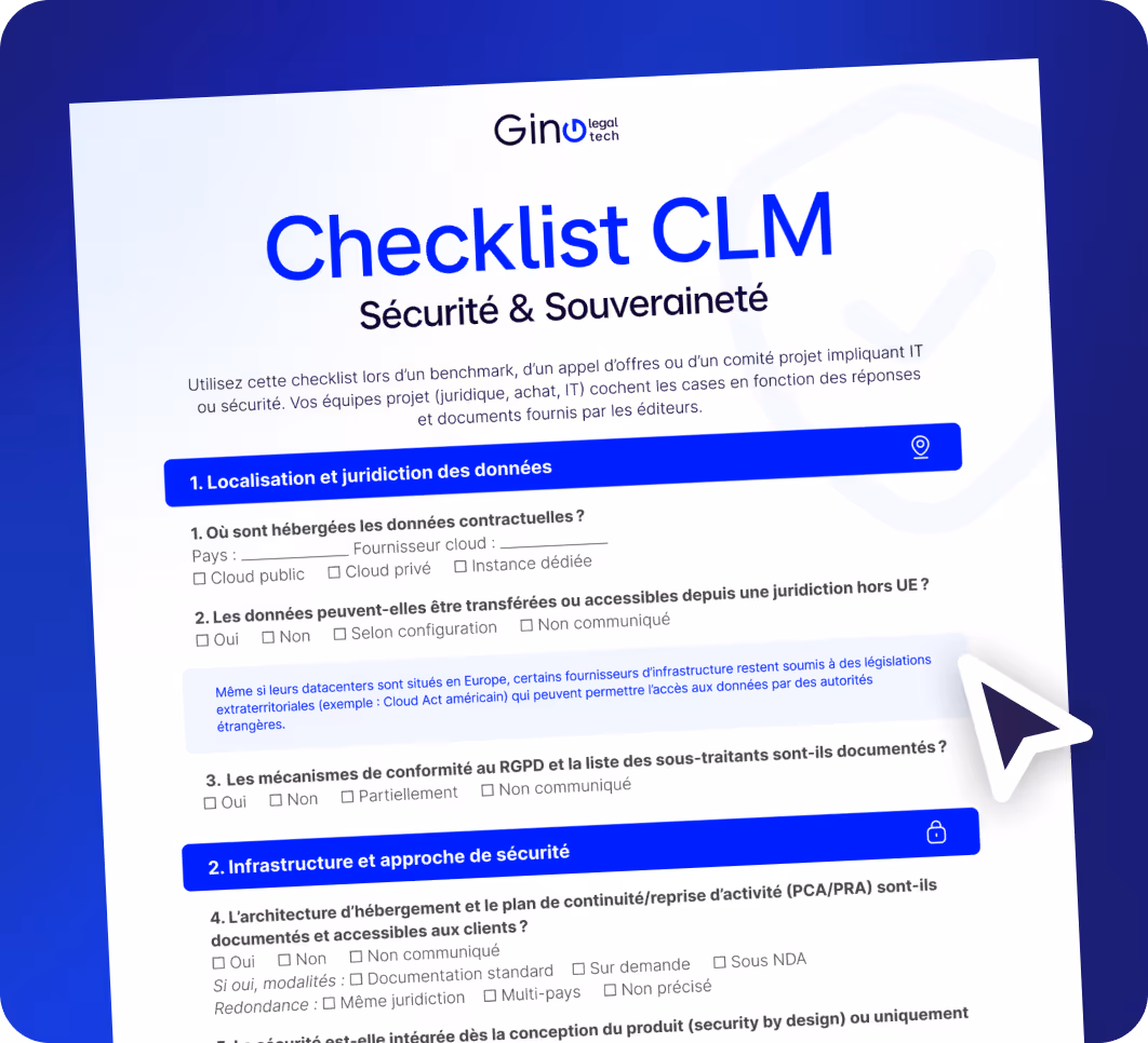 Checklist CLM en français sur la sécurité et souveraineté des données, comprenant des sections sur la localisation des données, juridiction, transfert hors UE, conformité RGPD, et architecture de sécurité.