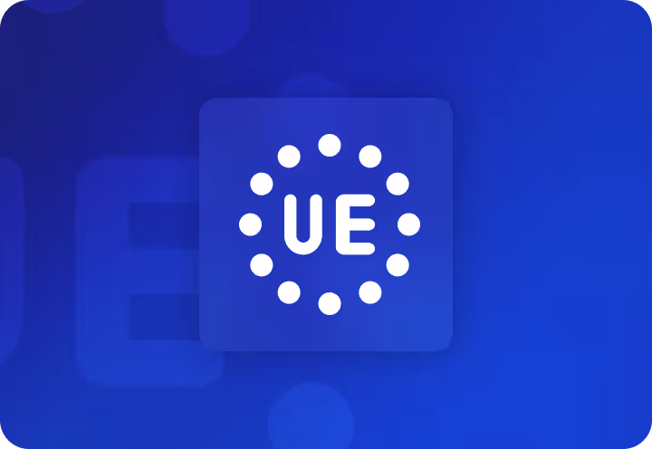 Icône bleue avec un cercle de douze points blancs entourant les lettres blanches 'UE'.