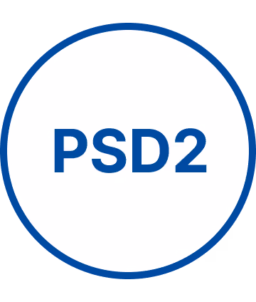 Texte PSD2 bleu dans un cercle blanc bordé de bleu.