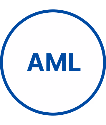 Cercle blanc avec bord bleu contenant les lettres majuscules AML au centre.