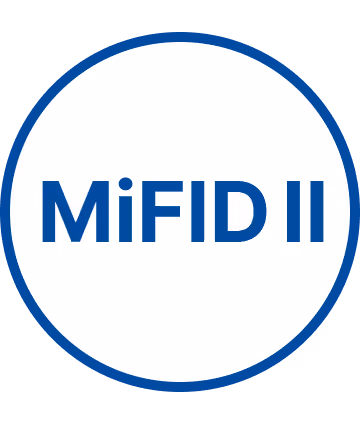 Logo MiFID II en texte bleu dans un cercle blanc bordé de bleu.