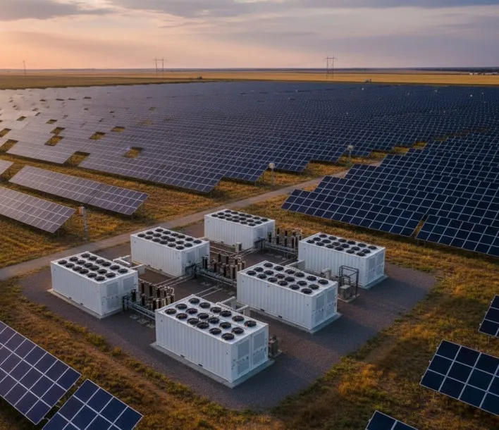 Aerial view of a solar farm with large arrays of solar panels surrounding white industrial battery storage units at sunset.