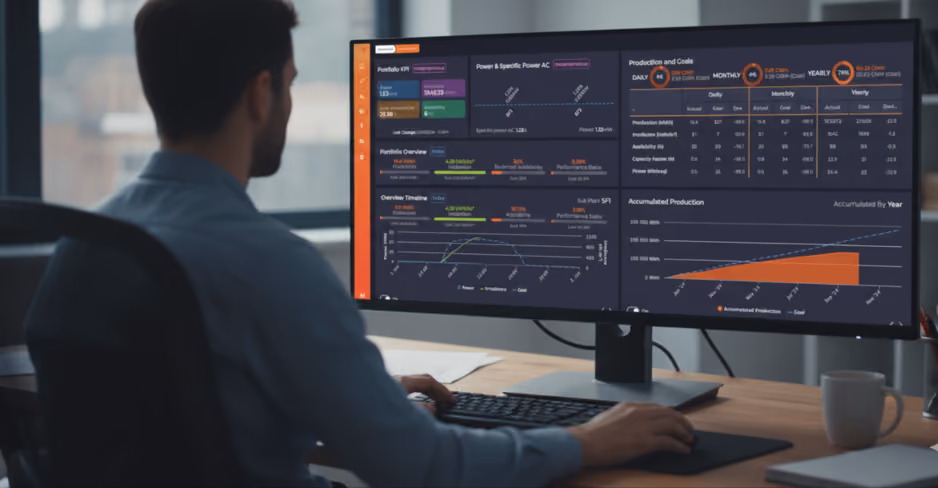 Man sitting at a desk working on a computer with a large monitor displaying detailed production and KPI dashboards.