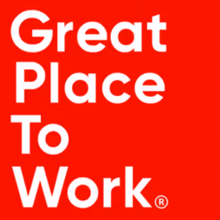 White text saying Great Place To Work on a red background.