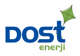 DOST Enerji logo with blue text and a green kite graphic above the letter t.