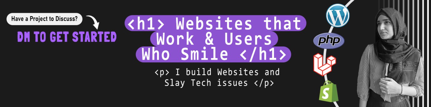 Banner image displaying web developer Anum Aamir and languages she is skilled on. 