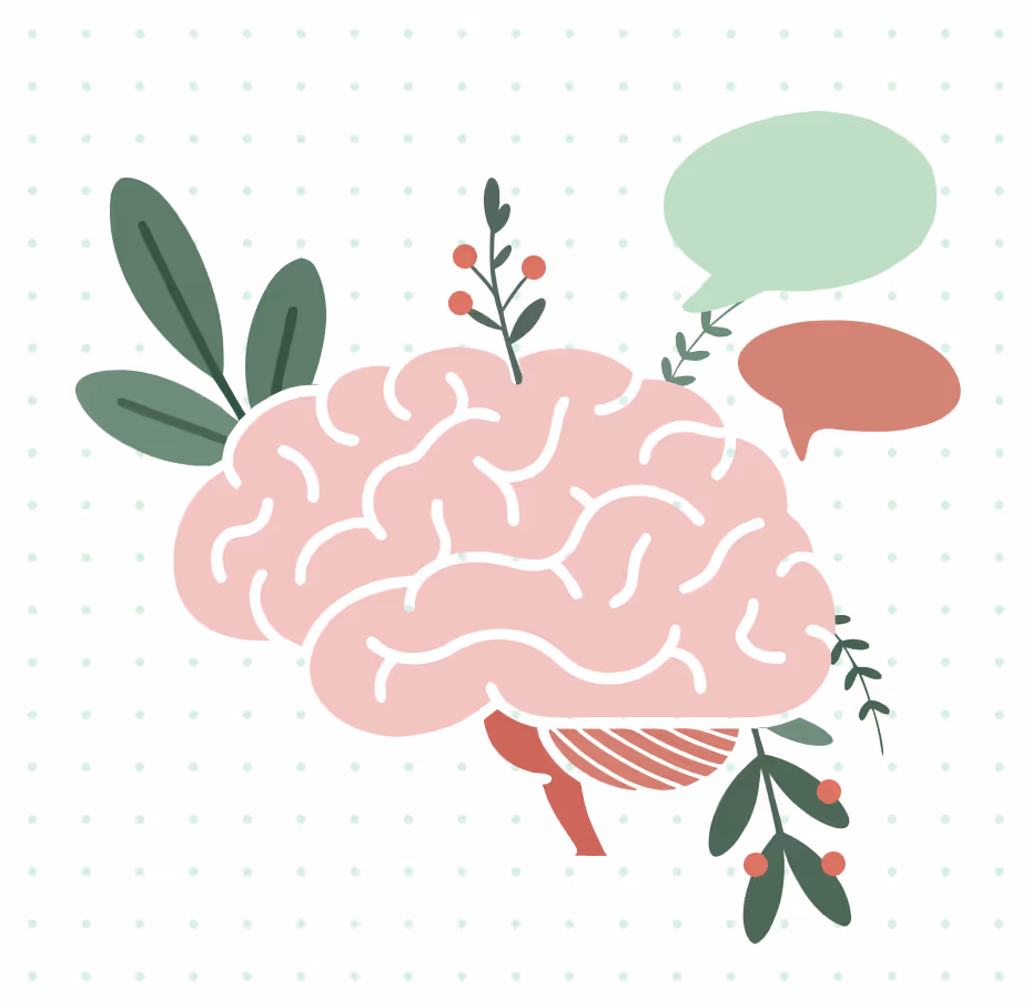 Illustration of a pink brain with green leaves and red berries surrounding it, accompanied by green and red speech bubbles.