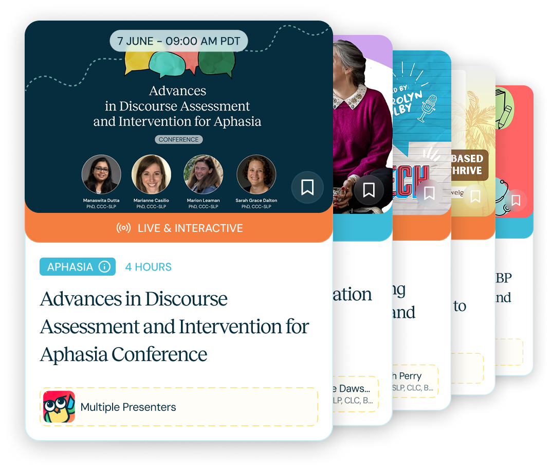 Promotional cards for 28 new courses including Cognitive Communication Disorders seminar on supporting recovery and self-advocacy after brain injury with four instructors shown.