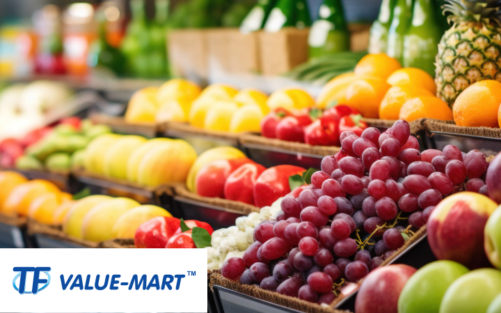 A grocery shelf of stacked fruit