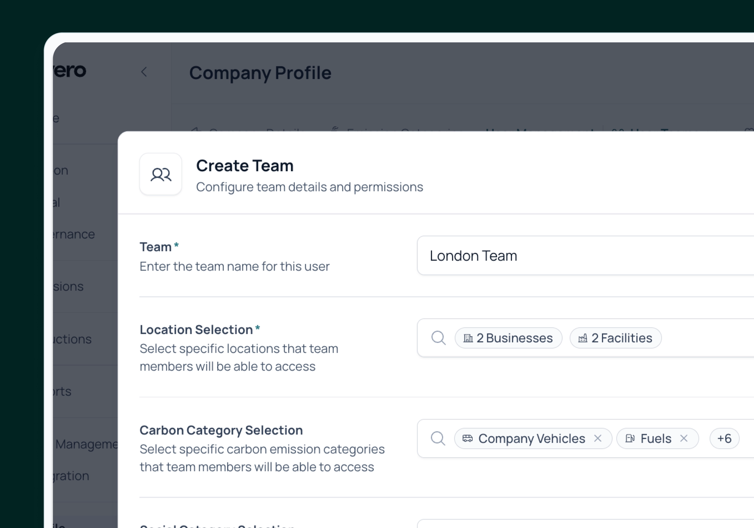 a close-up of 'creating a team' setting in zevero