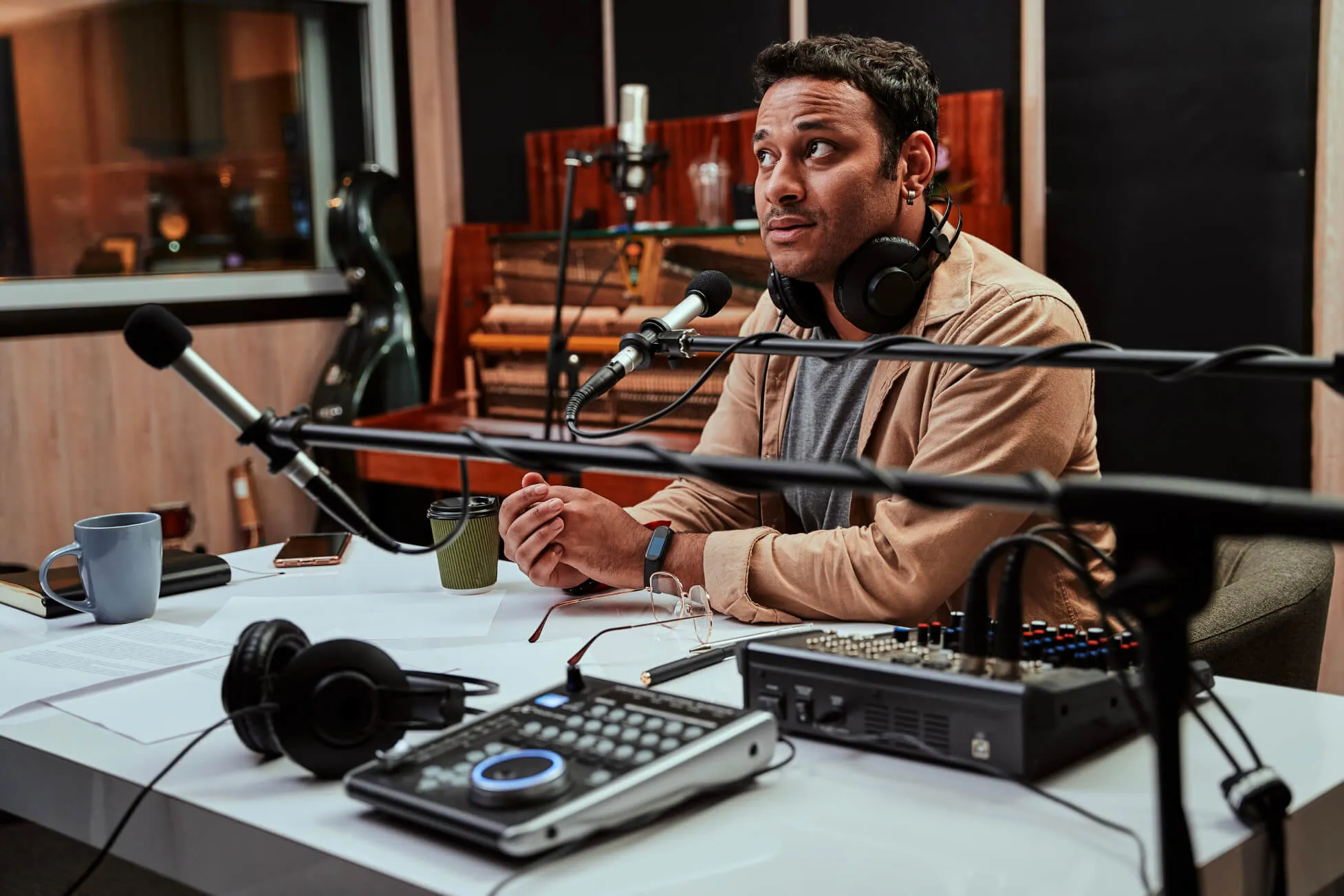 Professional radio host in a Washington DC recording studio