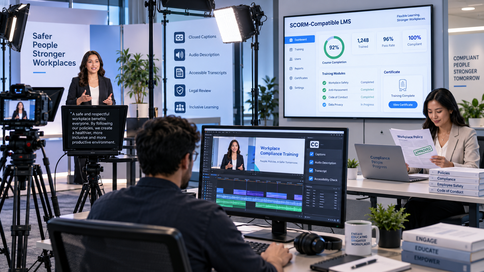 Video editor at a workstation editing a compliance training video while a presenter records on set in the background