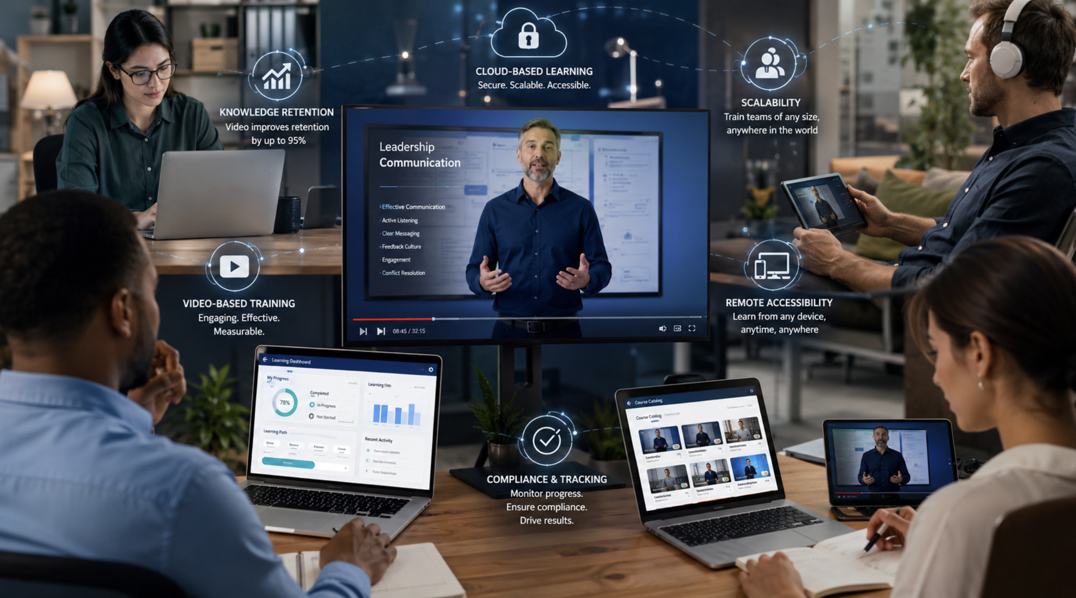 Professionals on laptops watching a training video of a presenter, surrounded by icons for video-based training, compliance tracking, and remote access