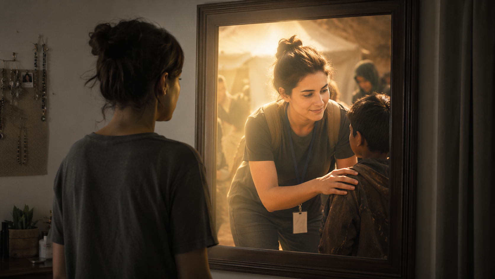 Woman looking at a framed image of an aid worker comforting a child, illustrating how donors see themselves in the causes they fund