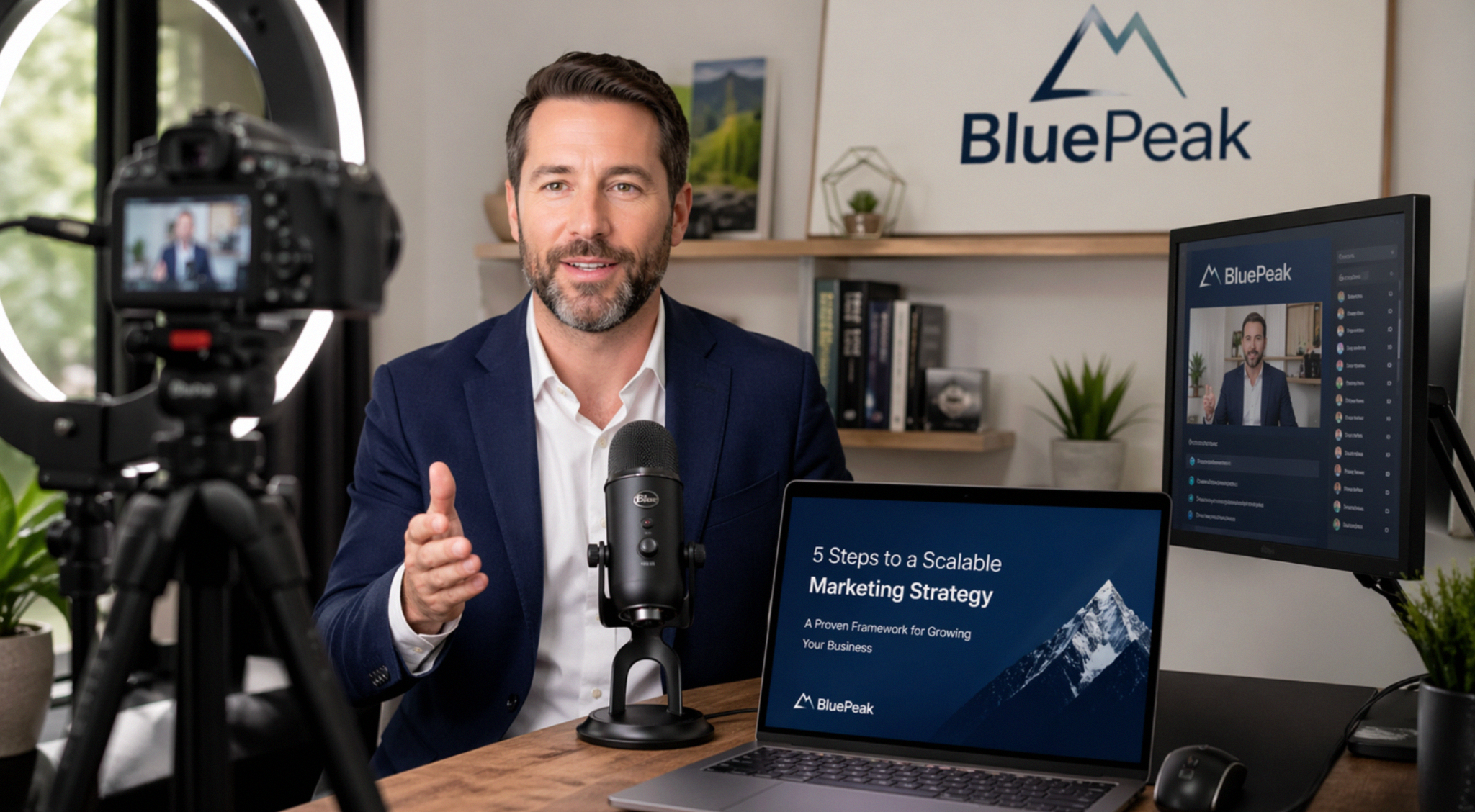 Man in a blazer presenting a webinar at a desk with a microphone, laptop, and ring light camera setup