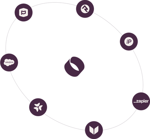 Illustration showcasing the integrations Overflow connects with including Planning Center, Rock RMS, Push Pay, Salesforce, Boomerang, Virtuous, and Zapier.