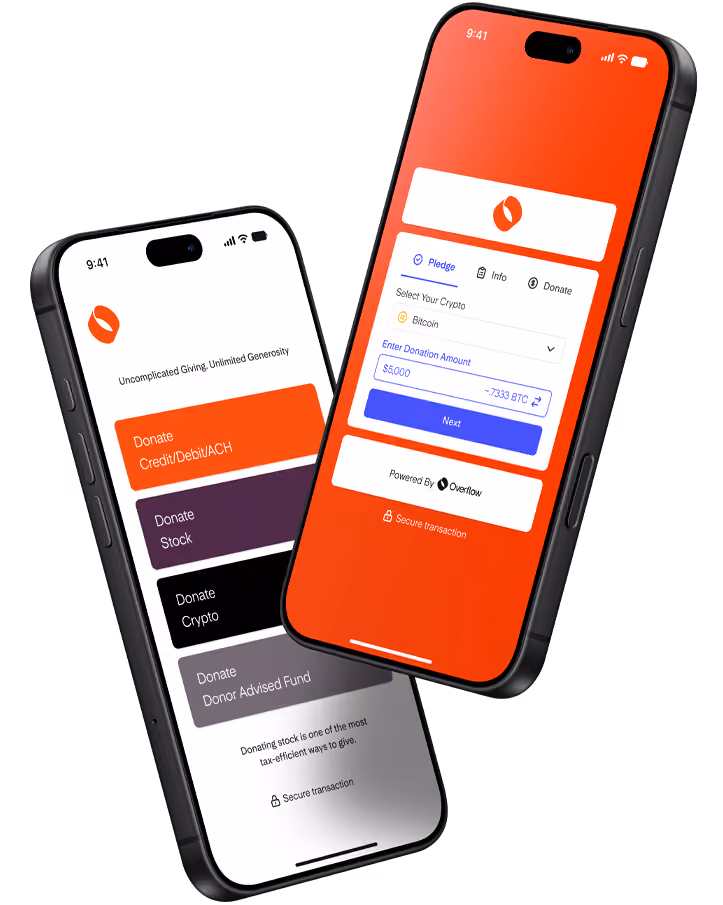 two mobile devices showcasing Overflow's new giving UI