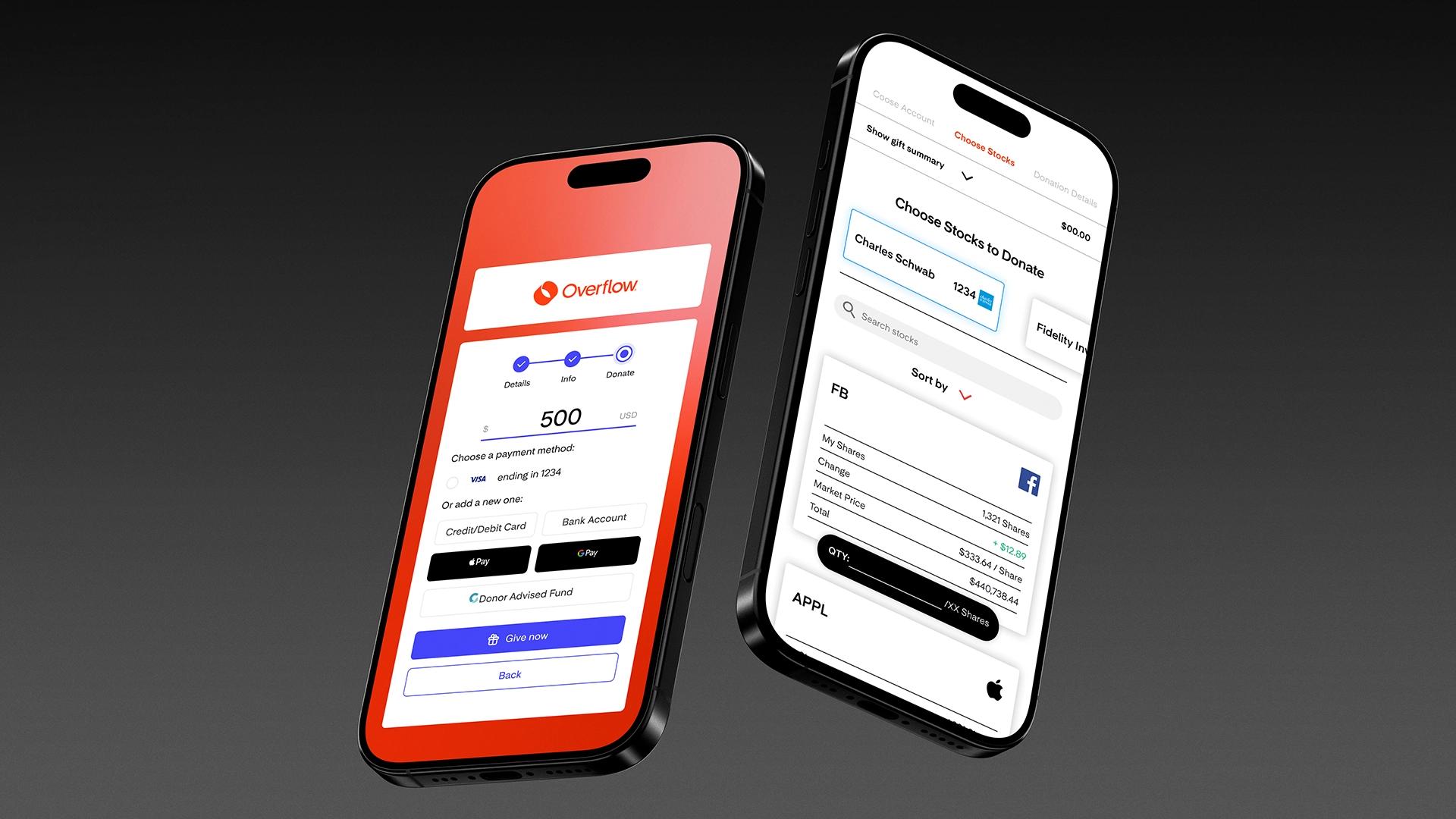 two iPhones with apple and google pay donor flow on the screen