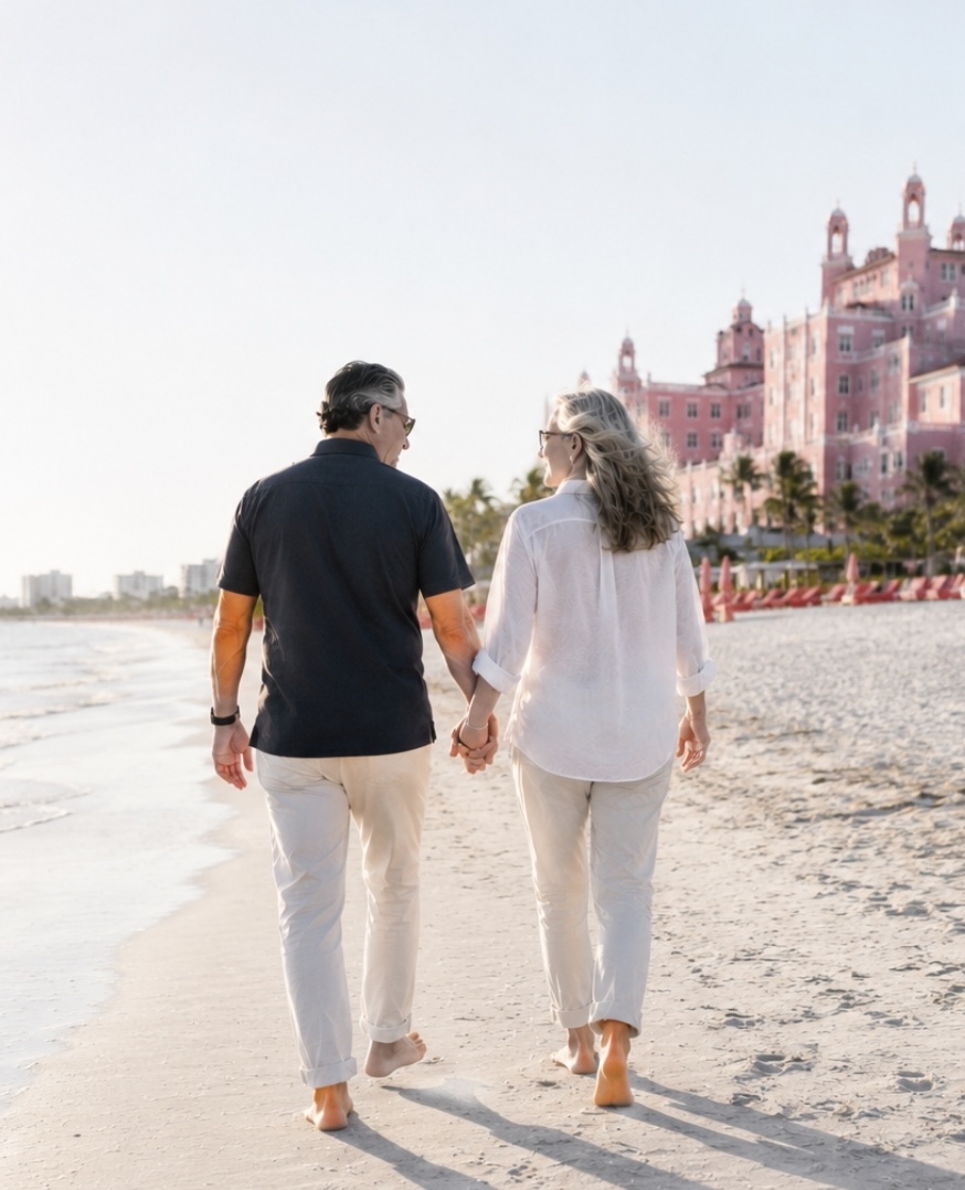A man and woman holding hands while walking barefoot on a beach, seen from behind.