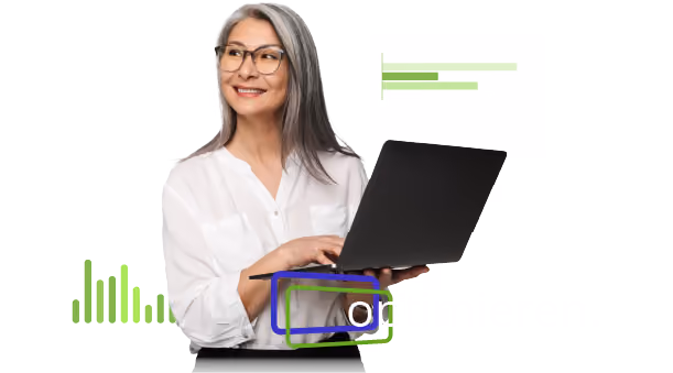 Busniess Frau mit Laptop und dem Schriftzug "Optimieren."