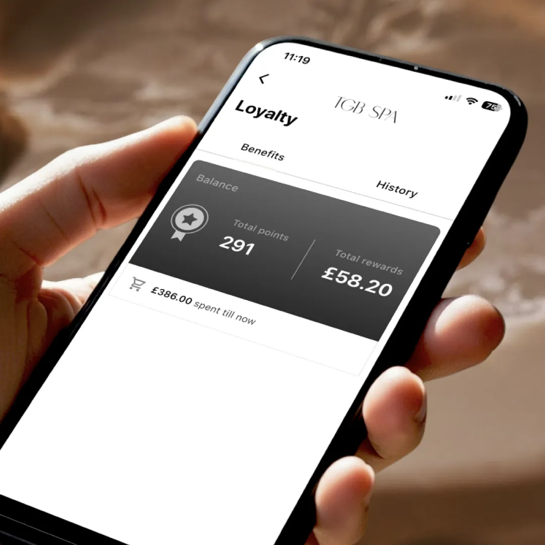 TGB Spa app showing loyalty points balance