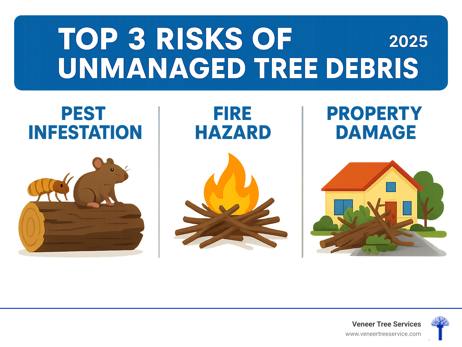 Infographic showing the top 3 risks of unmanaged tree debris: pest infestation with termites and rodents attracted to decaying wood, fire hazard from dry branches creating kindling, and property damage from unstable debris threatening structures and blocking access - expert tree debris removal infographic 