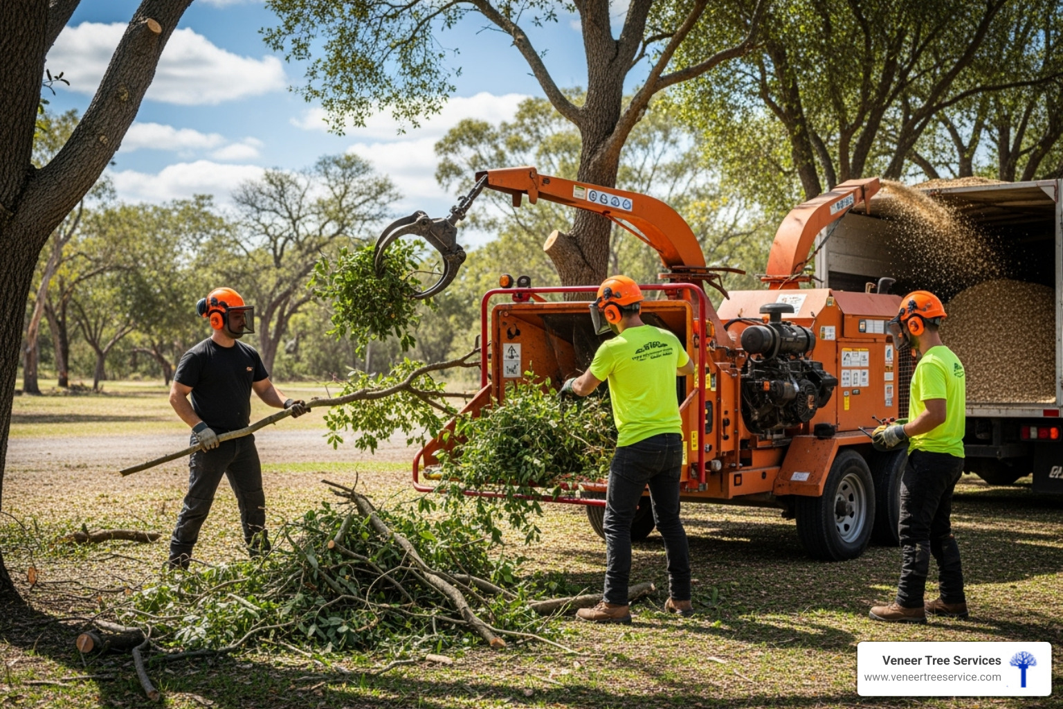 A professional crew safely loading debris into a wood chipper - expert tree debris removal
