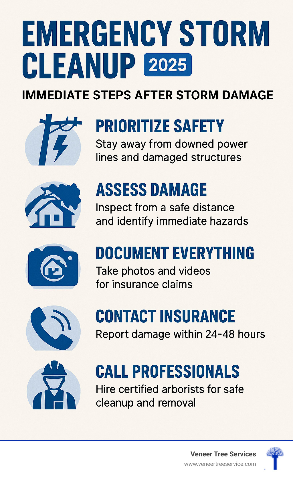 Infographic showing 5 immediate steps after storm damage: 1. Prioritize Safety - stay away from downed power lines and damaged structures, 2. Assess Damage - inspect from a safe distance and identify immediate hazards, 3. Document Everything - take photos and videos for insurance claims, 4. Contact Insurance - report damage within 24-48 hours, 5. Call Professionals - hire certified arborists for safe cleanup and removal - Emergency storm cleanup infographic 