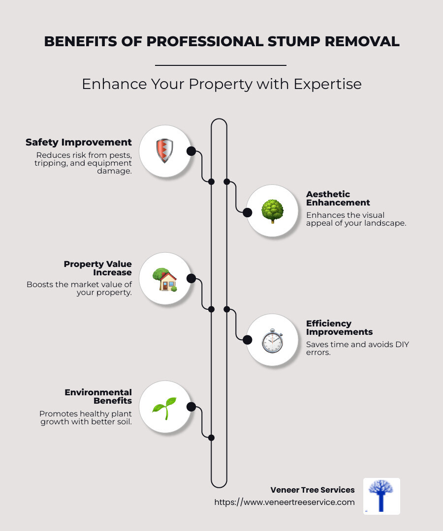 diagram showing the benefits of professional stump removal, including safety improvement, aesthetic improvement, environmental benefits, property value increase, and efficiency improvements in bold, with simple icons representing each point - professional stump removal infographic infographic-line-5-steps-neat_beige