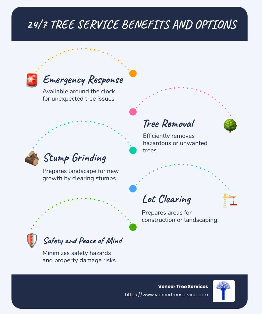"24/7 Tree Service Benefits and Options Infographic" featuring clear steps and visuals on emergency response, tree removal, and stump grinding services. - 24/7 tree service infographic infographic-line-5-steps-blues-accent_colors