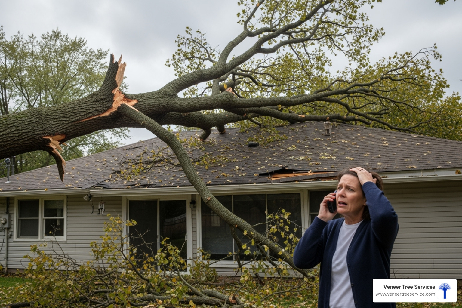 homeowner on the phone looking at a tree on their roof - tree removal after storm