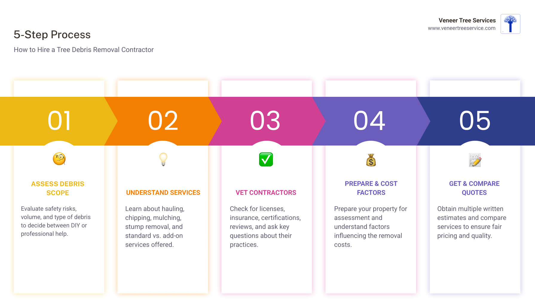Infographic showing the 5-step process: 1) Assess debris scope and safety risks, 2) Understand contractor services like hauling and chipping, 3) Vet contractors for licenses and insurance, 4) Prepare property and understand cost factors, 5) Get multiple quotes and compare services - tree debris removal contractor infographic pillar-5-steps