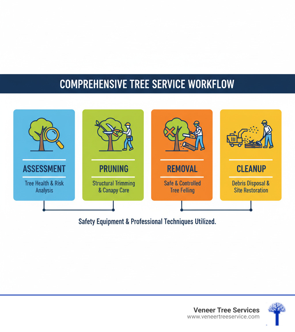 Comprehensive tree service workflow showing assessment, pruning, removal, and cleanup stages with safety equipment and professional techniques - tree service Lorain County Ohio infographic 