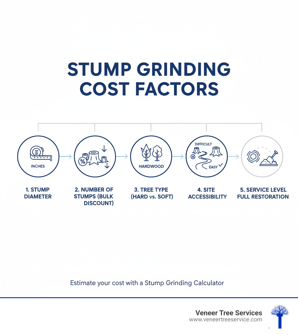 Infographic showing the top 5 factors that influence stump grinding cost: stump diameter measured in inches, number of stumps with bulk discount pricing, tree type comparing hardwood versus softwood difficulty, site accessibility showing easy versus difficult access scenarios, and service level options from basic grinding to full restoration with topsoil - stump grinding cost calculator infographic 