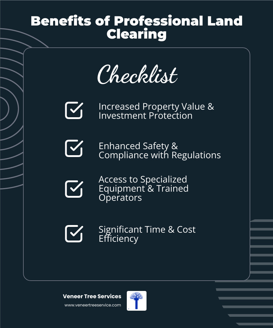 Ohio land clearing services comparison showing benefits of professional clearing including increased property value, safety compliance, proper equipment usage, and time savings versus DIY approaches - land clearing ohio infographic checklist-dark-blue Ohio land clearing services comparison showing benefits of professional clearing including increased property value, safety compliance, proper equipment usage, and time savings versus DIY approaches - land clearing ohio infographic checklist-dark-blue