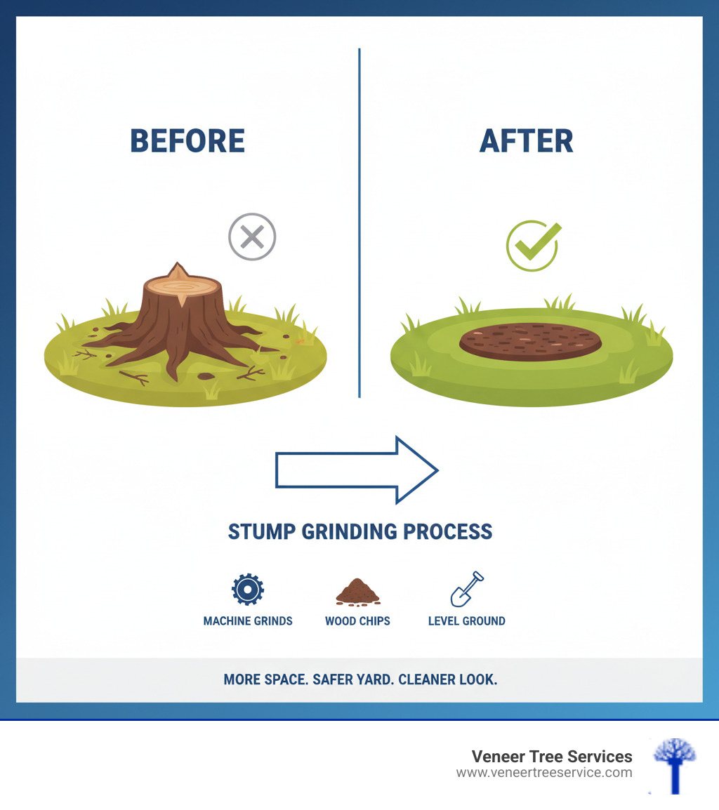 side-by-side comparison of a yard before and after stump grinding - stump grindering infographic 