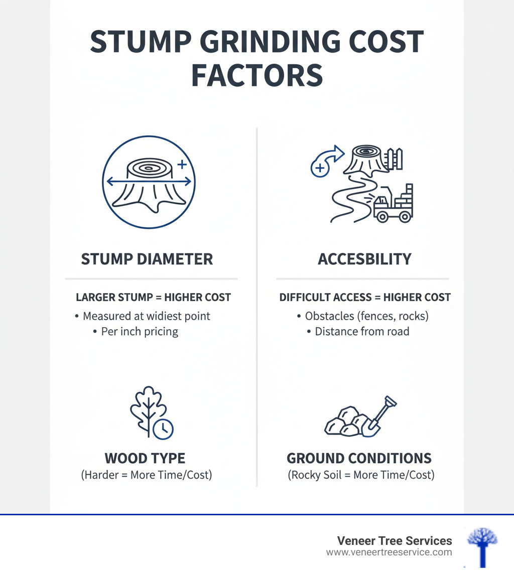 factors that influence cost like stump diameter and accessibility - stump grindering infographic 