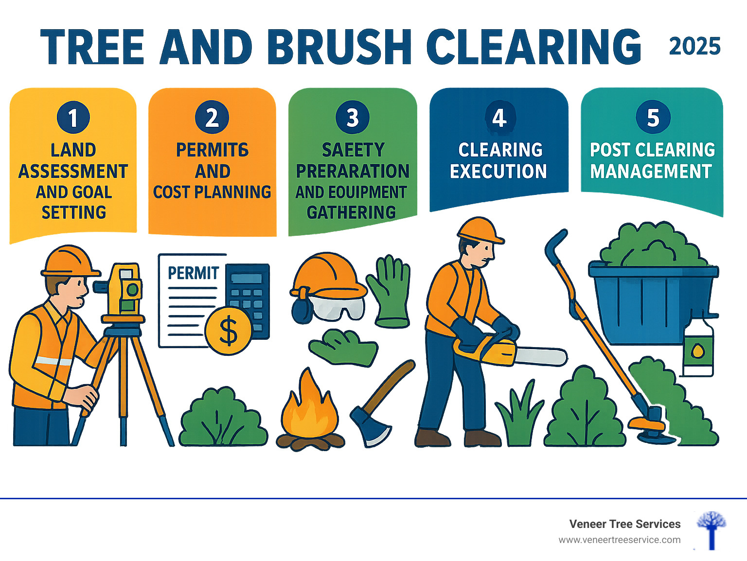 Comprehensive infographic showing the 5 essential steps of successful tree and brush clearing: Step 1 - Land Assessment and Goal Setting with surveying tools, Step 2 - Permits and Cost Planning with documentation and budget calculations, Step 3 - Safety Preparation and Equipment Gathering showing PPE gear, Step 4 - Clearing Execution with various manual and mechanical methods, and Step 5 - Post-Clearing Management including debris disposal and regrowth prevention techniques - Tree and brush clearing infographic 