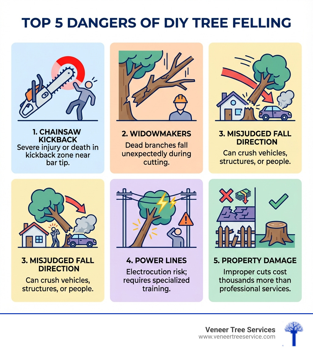 infographic showing the top 5 dangers of DIY tree felling: 1. Chainsaw kickback can cause severe injury or death in the kickback zone near the bar tip. 2. Widowmakers are dead branches that can fall unexpectedly during cutting. 3. Misjudged fall direction can crush vehicles, structures, or people. 4. Power lines pose electrocution risk and require specialized training. 5. Property damage from improper cuts can cost thousands more than professional services. - cutting trees down infographic infographic showing the top 5 dangers of DIY tree felling: 1. Chainsaw kickback can cause severe injury or death in the kickback zone near the bar tip. 2. Widowmakers are dead branches that can fall unexpectedly during cutting. 3. Misjudged fall direction can crush vehicles, structures, or people. 4. Power lines pose electrocution risk and require specialized training. 5. Property damage from improper cuts can cost thousands more than professional services. - cutting trees down infographic