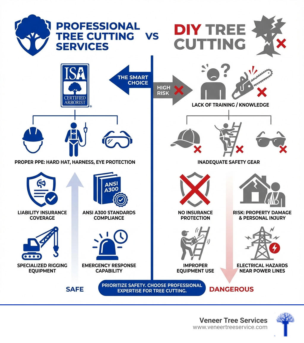 Infographic comparing professional tree cutting services versus DIY tree cutting, showing key safety differences including: Professional side displays ISA certified arborist credentials, proper PPE equipment (hard hat, safety harness, eye protection), liability insurance coverage, ANSI A300 standards compliance, specialized rigging equipment, and emergency response capability; DIY side shows lack of training, inadequate safety gear, no insurance protection, risk of property damage and personal injury, improper equipment use, and potential for electrical hazards near power lines - tree cutting infographic 