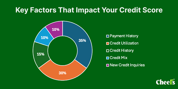 Infographic of 5 key factors that impact credit score | www.cheers.credit