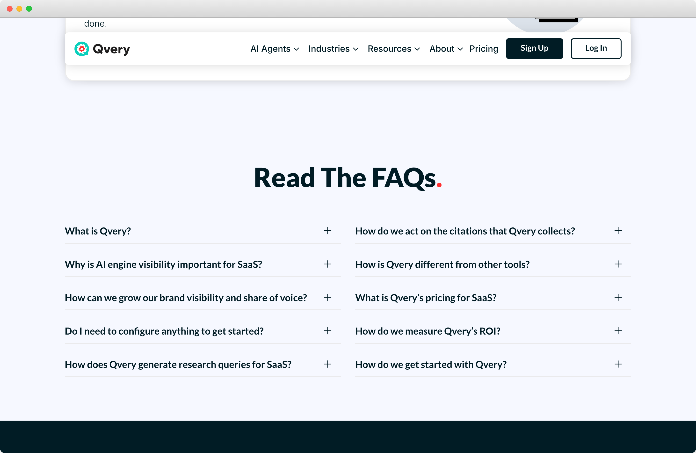 Qvery SaaS page FAQ section with 10 questions about AI search visibility measurement