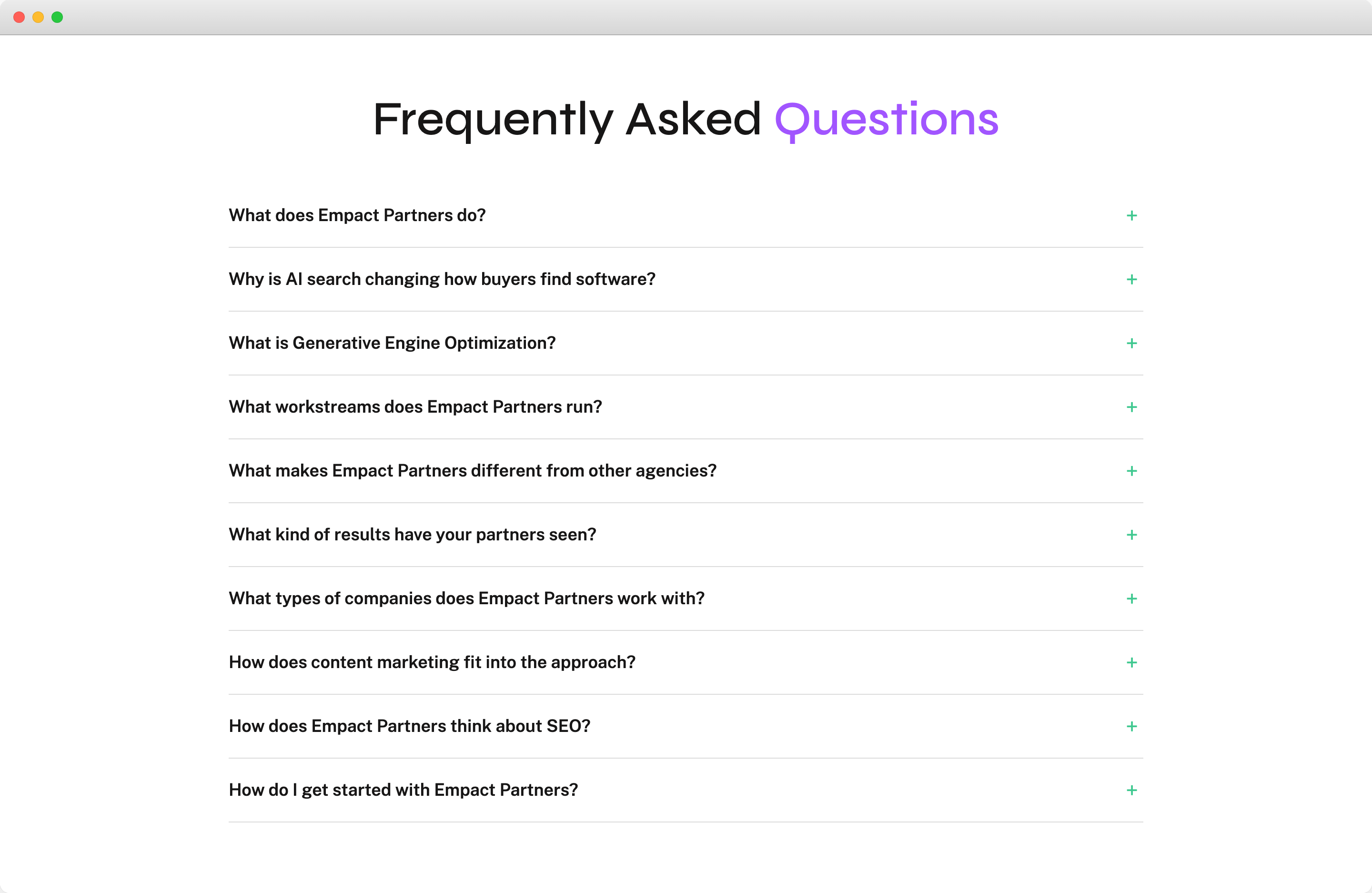 Empact Partners FAQ section on the homepage showing 10 frequently asked questions about GEO services