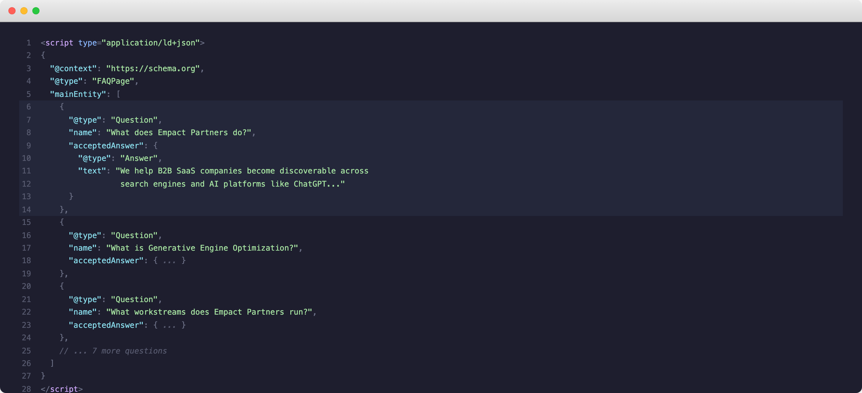 FAQPage JSON-LD schema markup source code from empact.partners showing structured data implementation