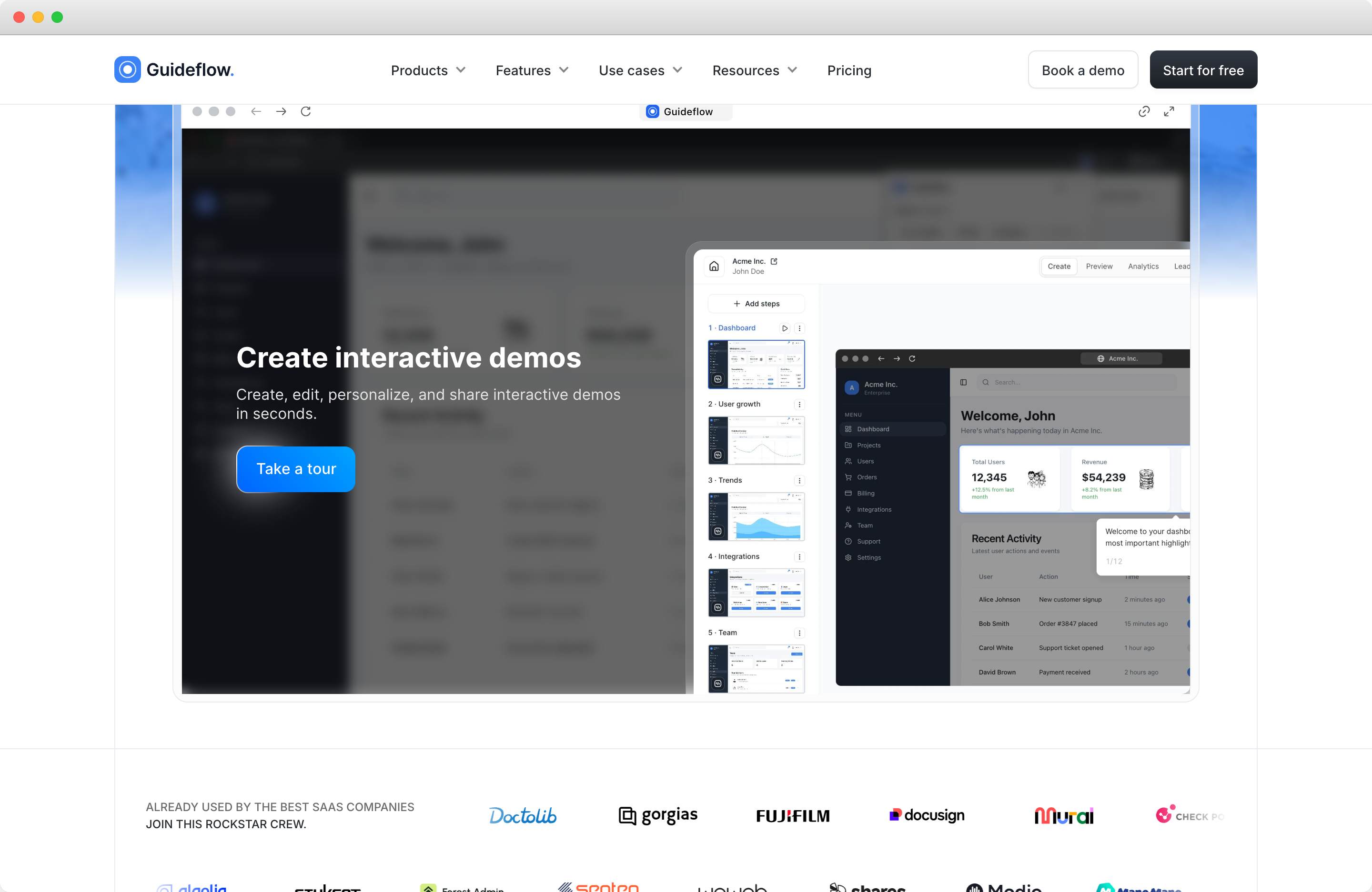 Guideflow interactive demo builder showing the interface for creating, editing, and sharing product demos