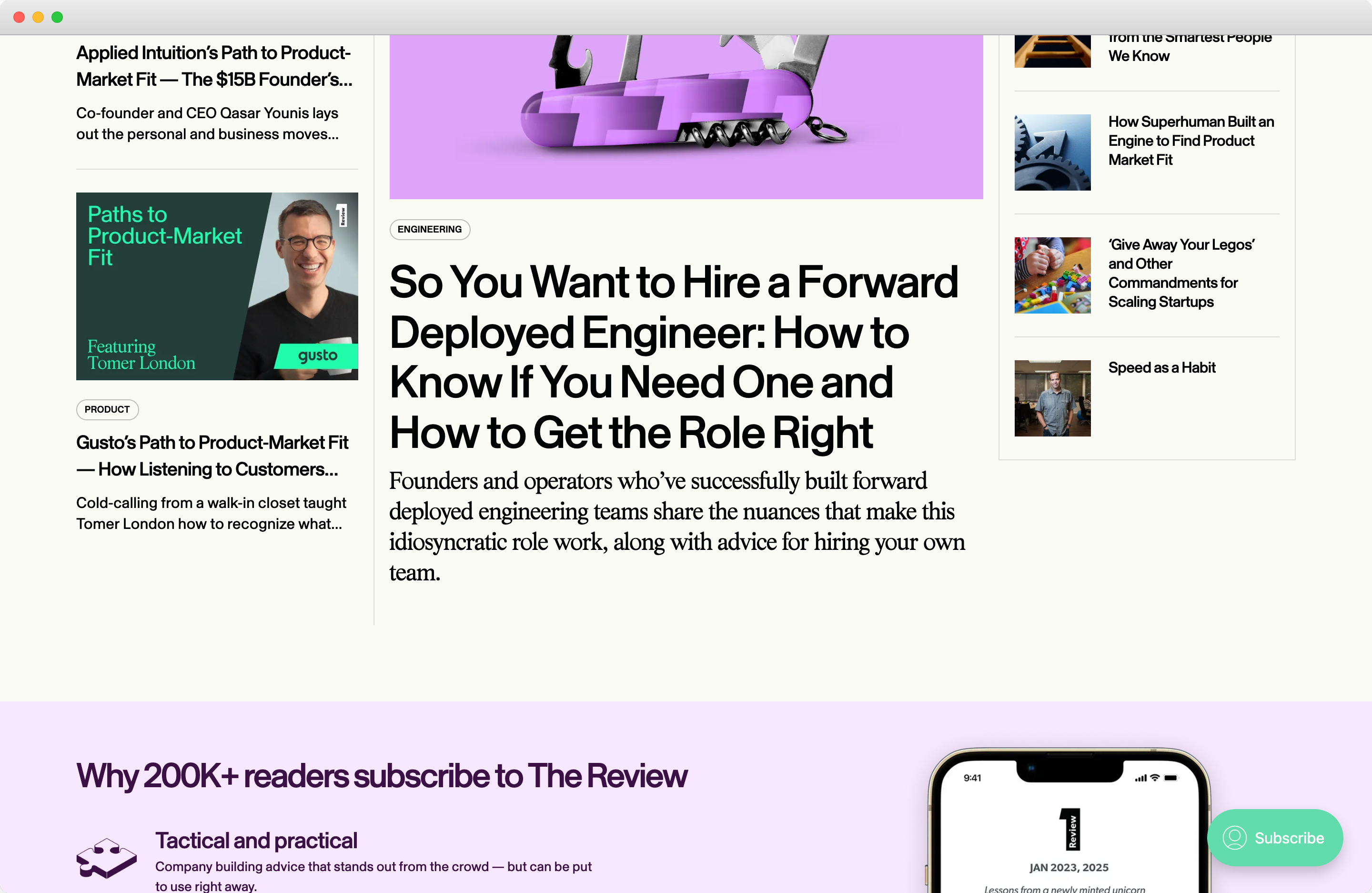 First Round Review publication showing editorial articles and 200K subscriber count, exemplifying a SaaS media brand