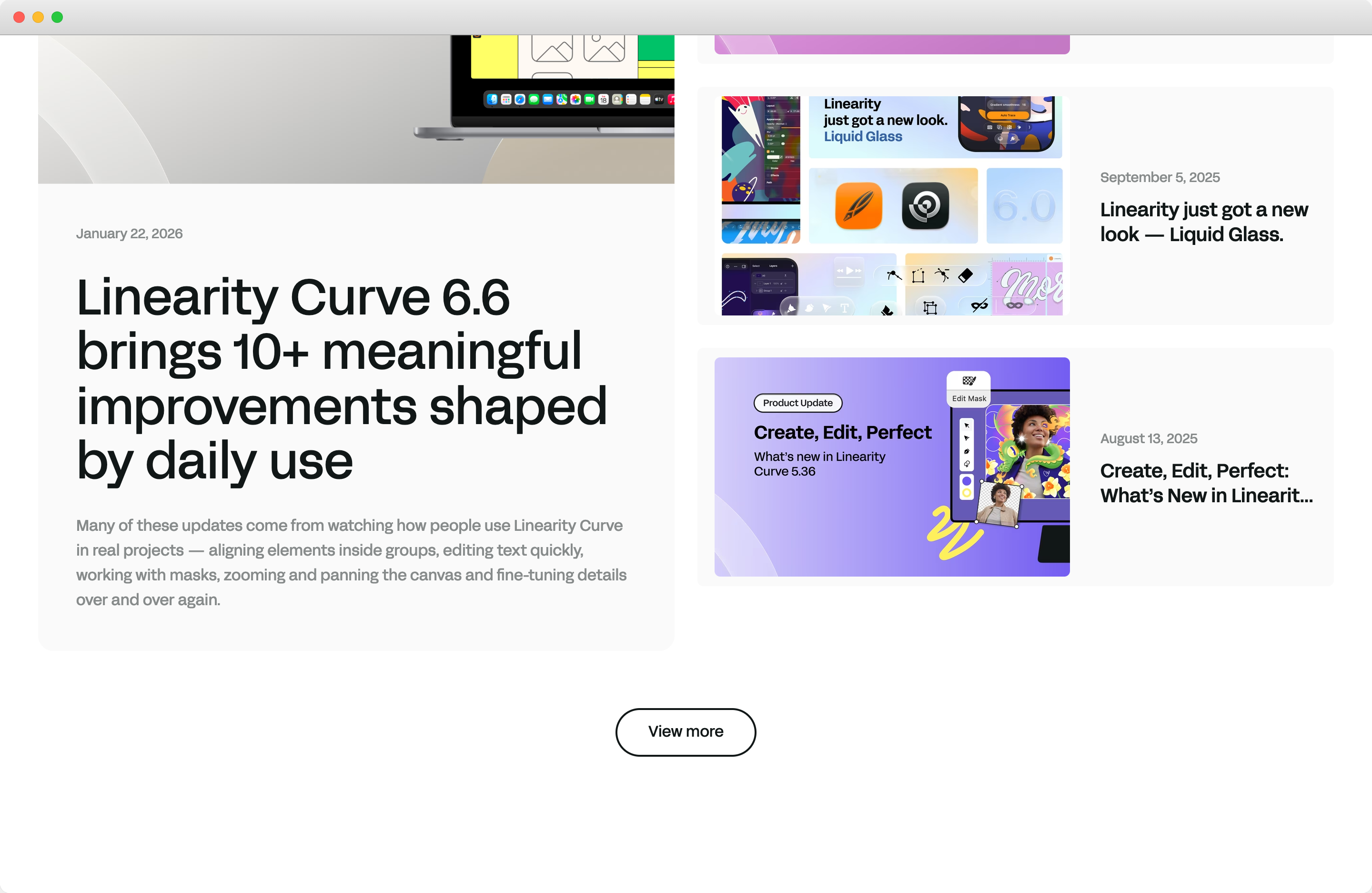 Linearity blog showing article cards with rich design content and product updates