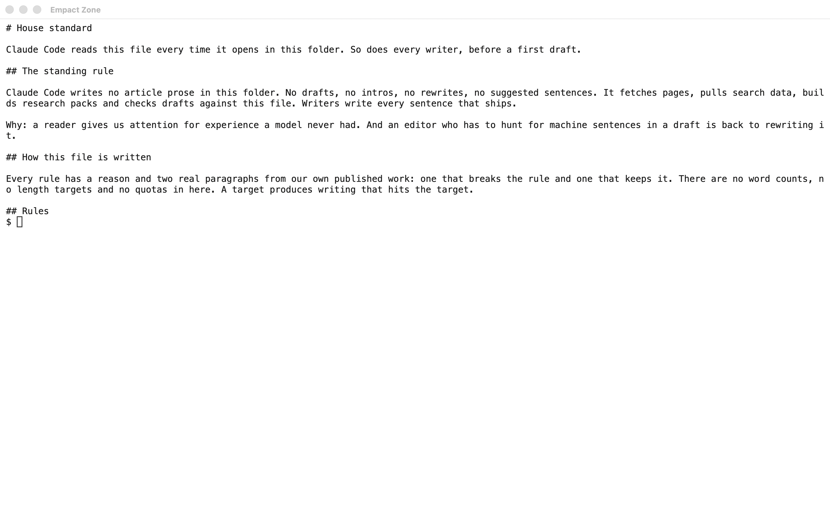 The top of the house standard file, with the standing rule that Claude Code writes no article prose and a note that the file carries no word counts or quotas.